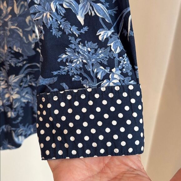 Talbots Navy Floral mixed print casual Button Down Shirt polka dots women SM EUC - Picture 6 of 10